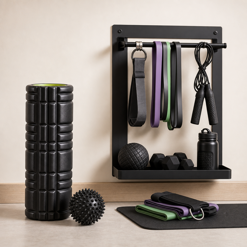 Foam roller, massage ball, and wall-mounted storage rack with gym accessories