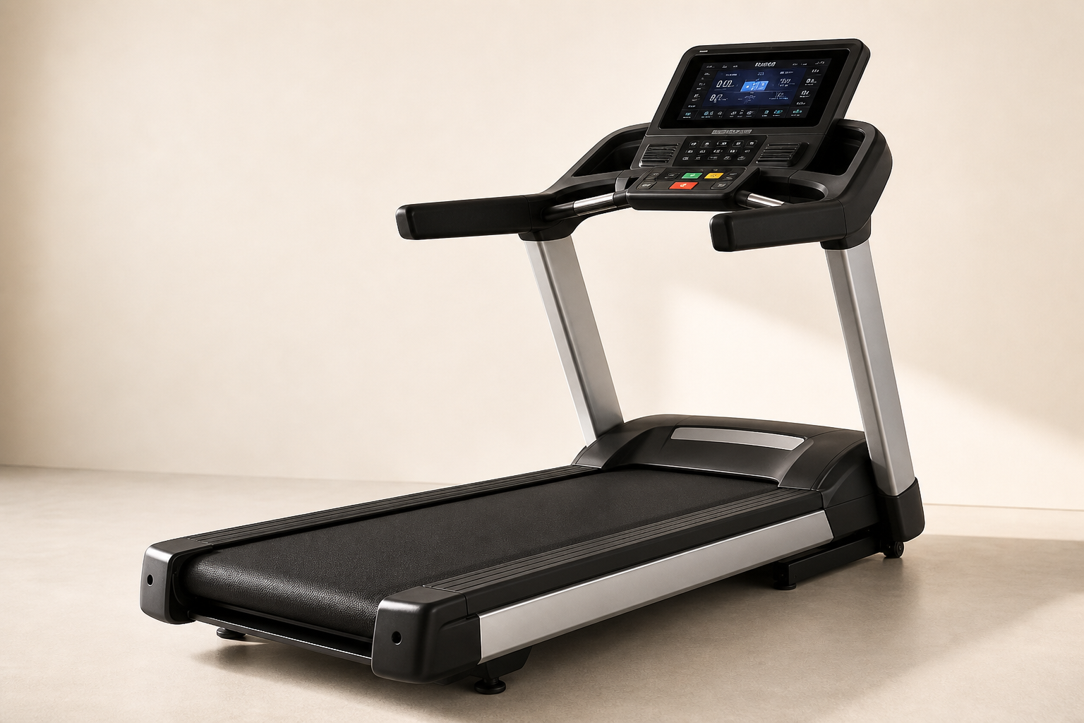 Commercial treadmill with wide running deck and console