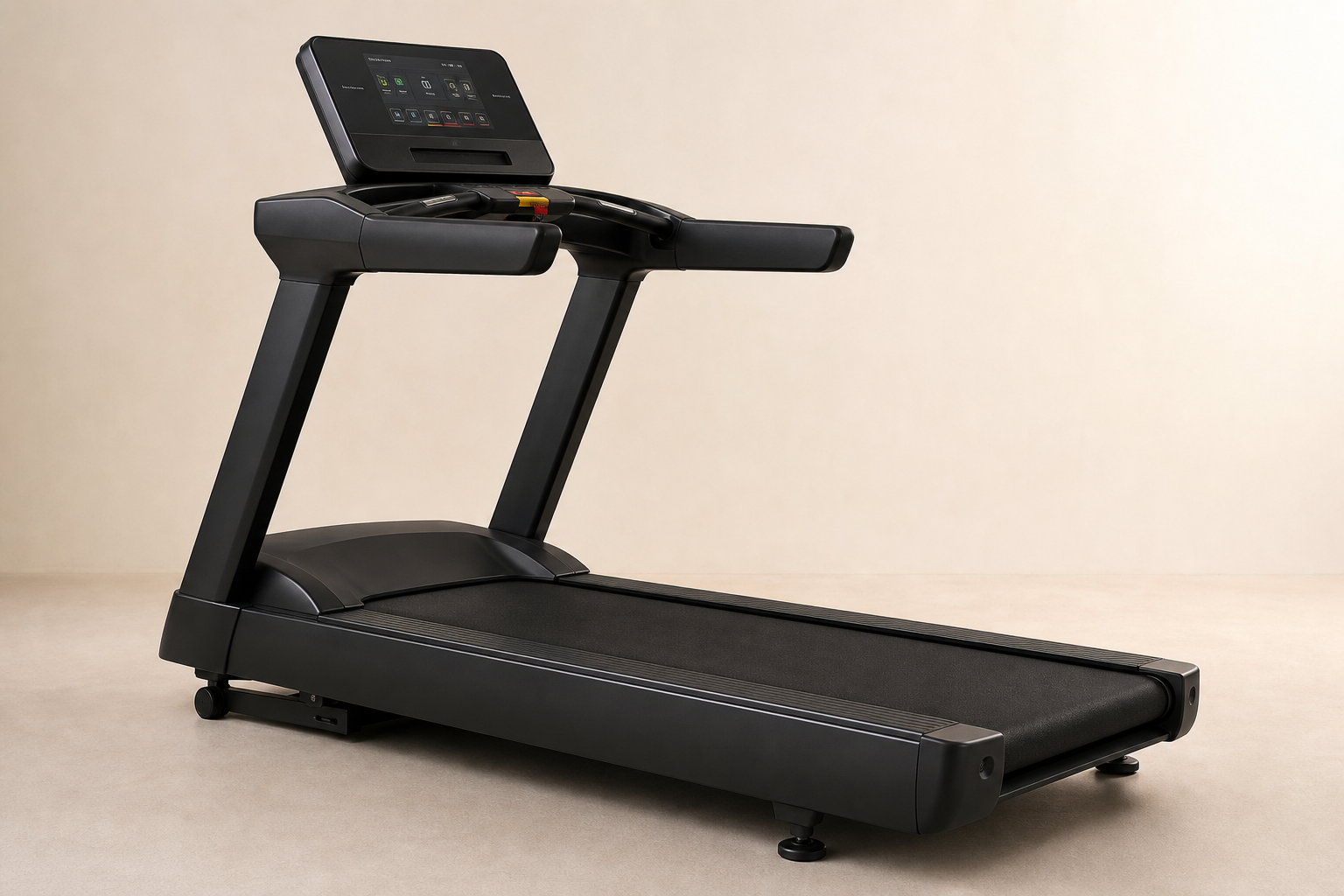 Commercial treadmill with matte black frame and wide running deck