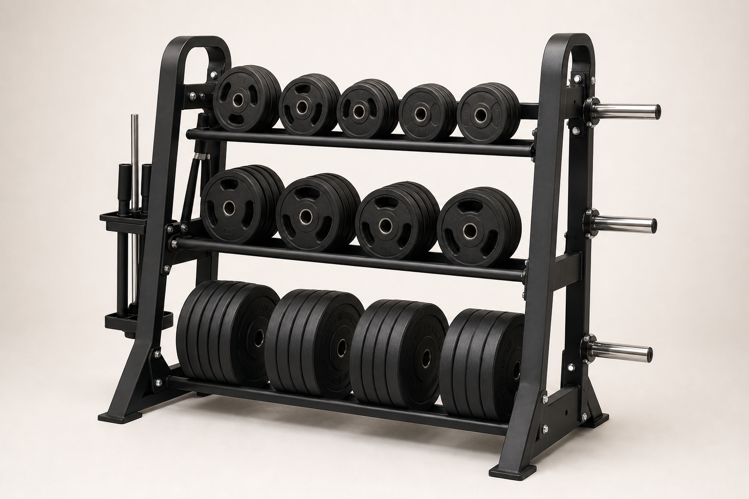 Weight plate and bar storage rack with multiple tiers