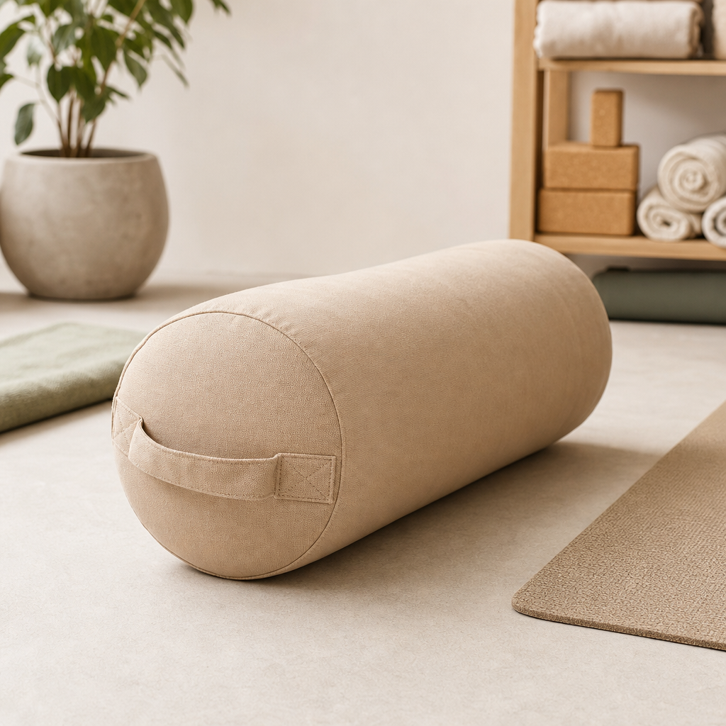 Cylindrical yoga bolster in warm beige canvas with carry handle