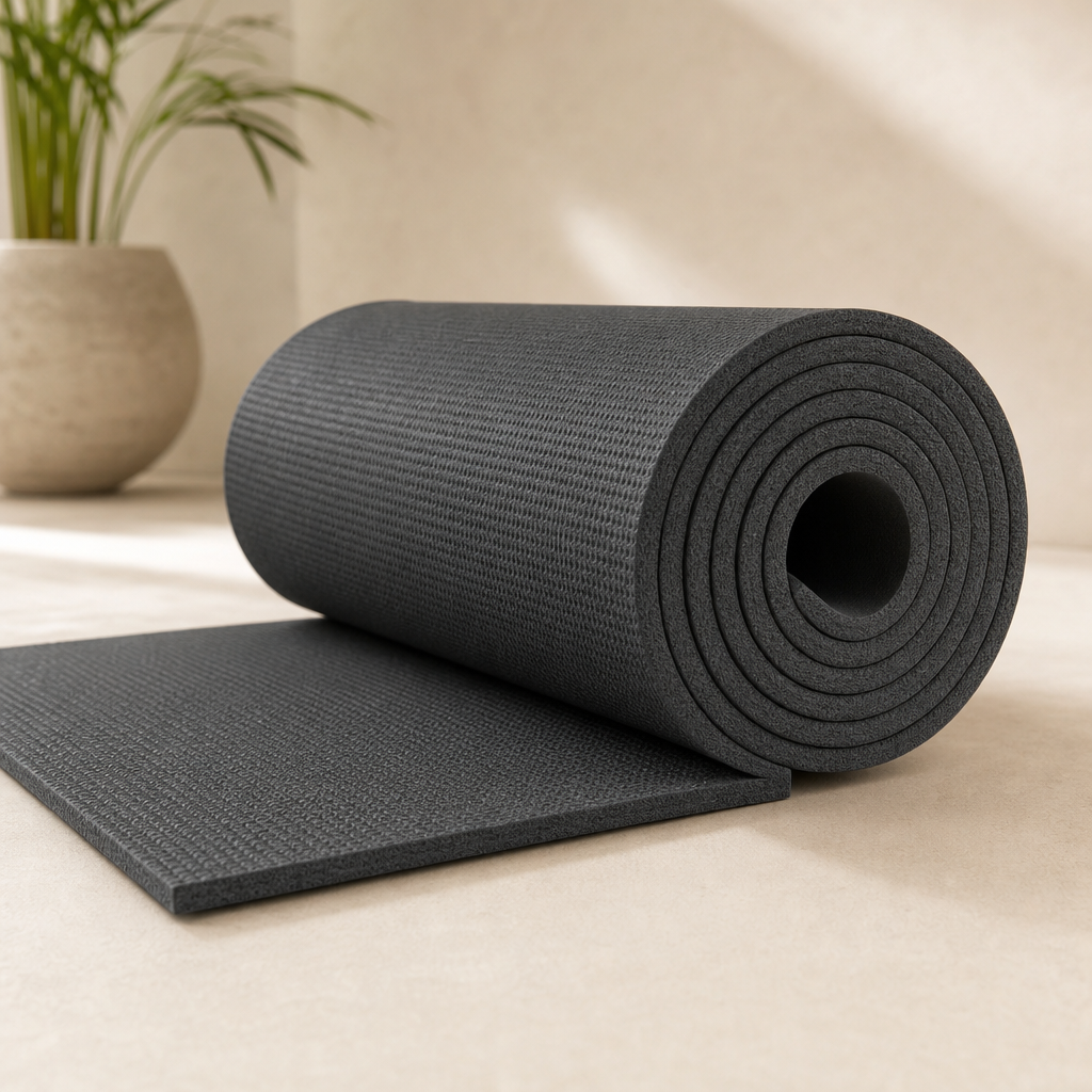 Dense charcoal studio yoga mat with textured surface, rolled to show thickness