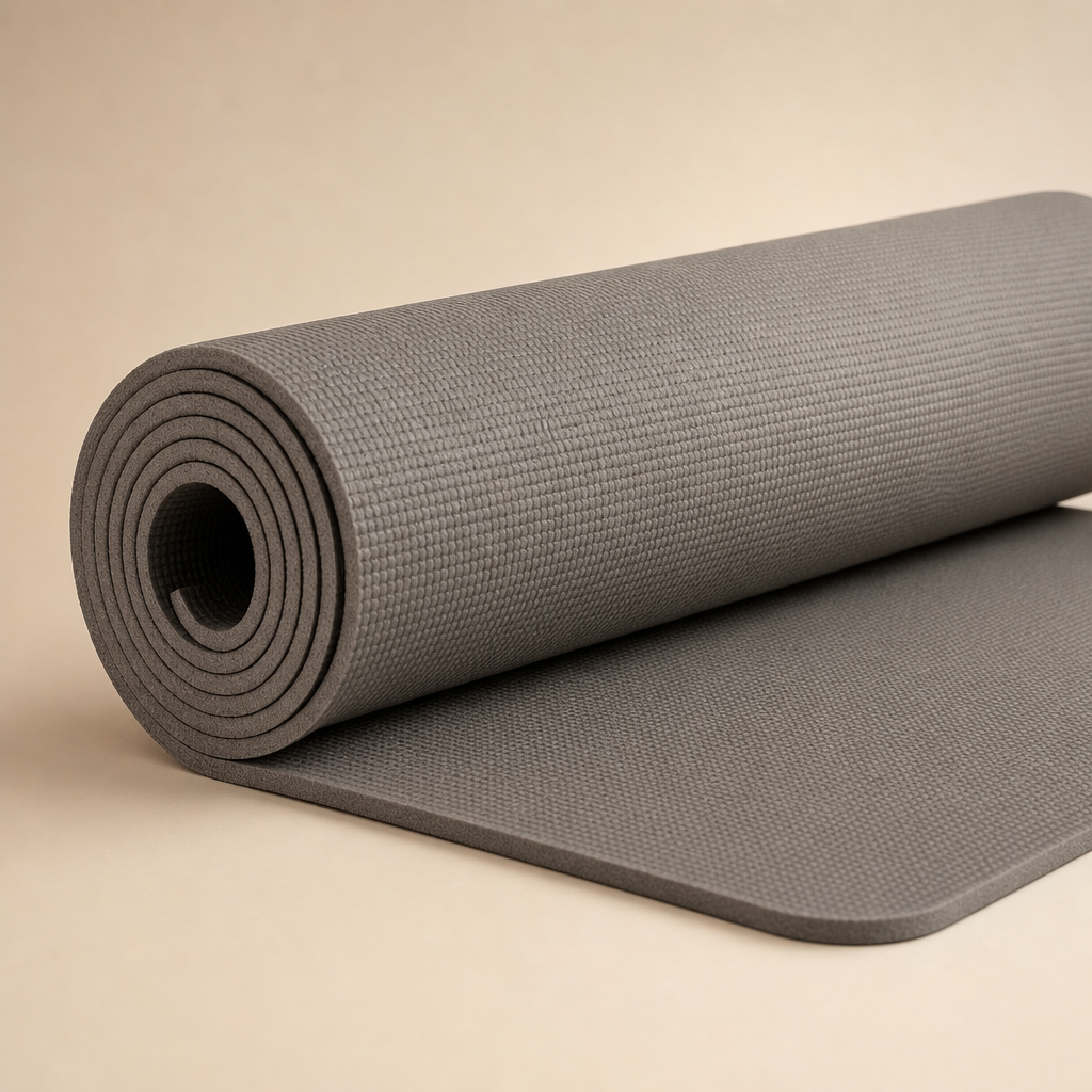 Rolled yoga mat with soft texture and neutral tone