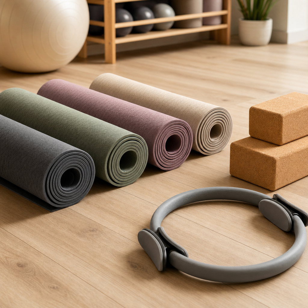 Rolled yoga mats with cork blocks and a pilates ring on a wooden floor