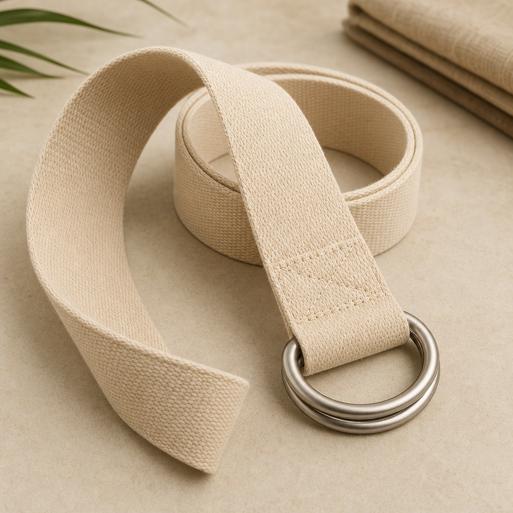 Natural cotton yoga strap with brushed metal D-ring buckle