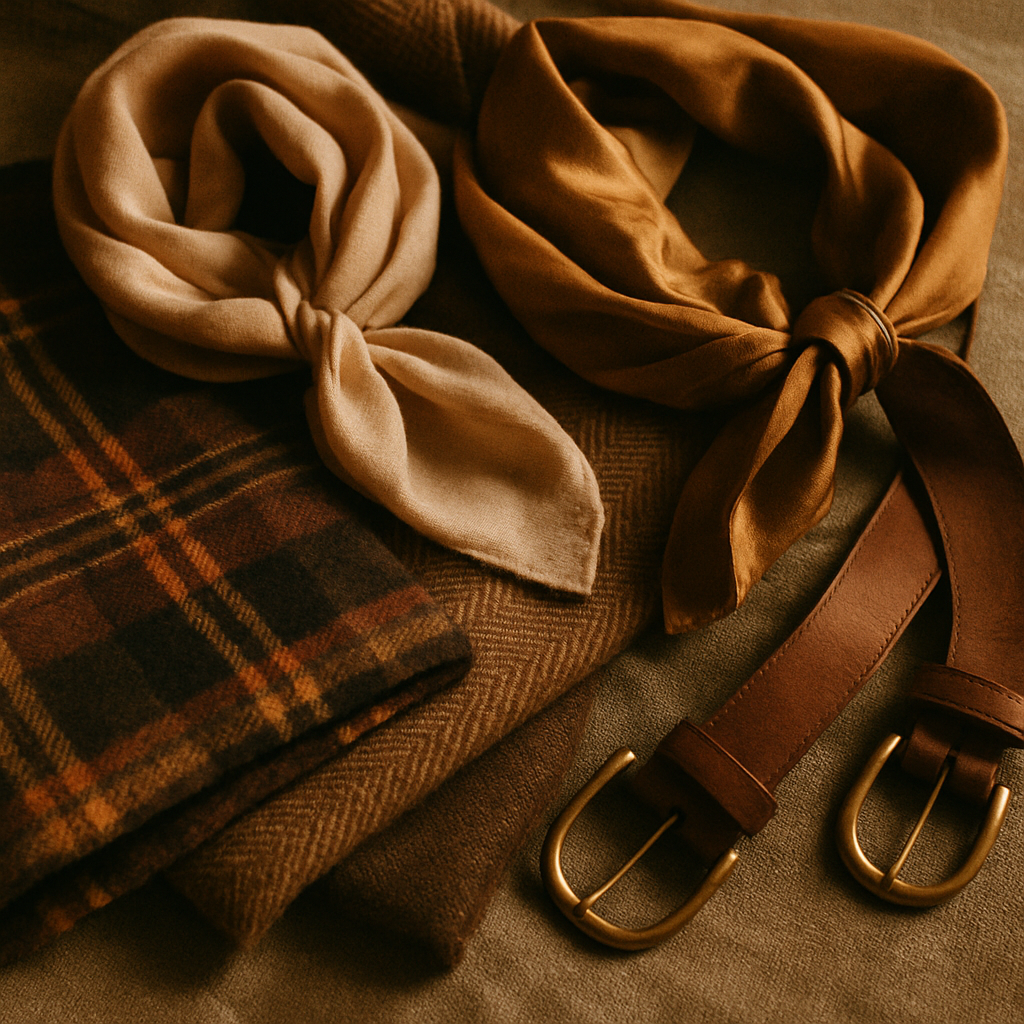 Close-up film photo of retro fabric textures and accessories