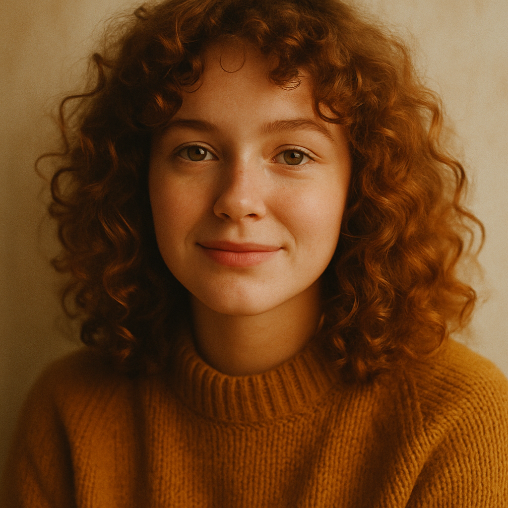 Portrait of a woman with curly auburn hair wearing a mustard knit sweater