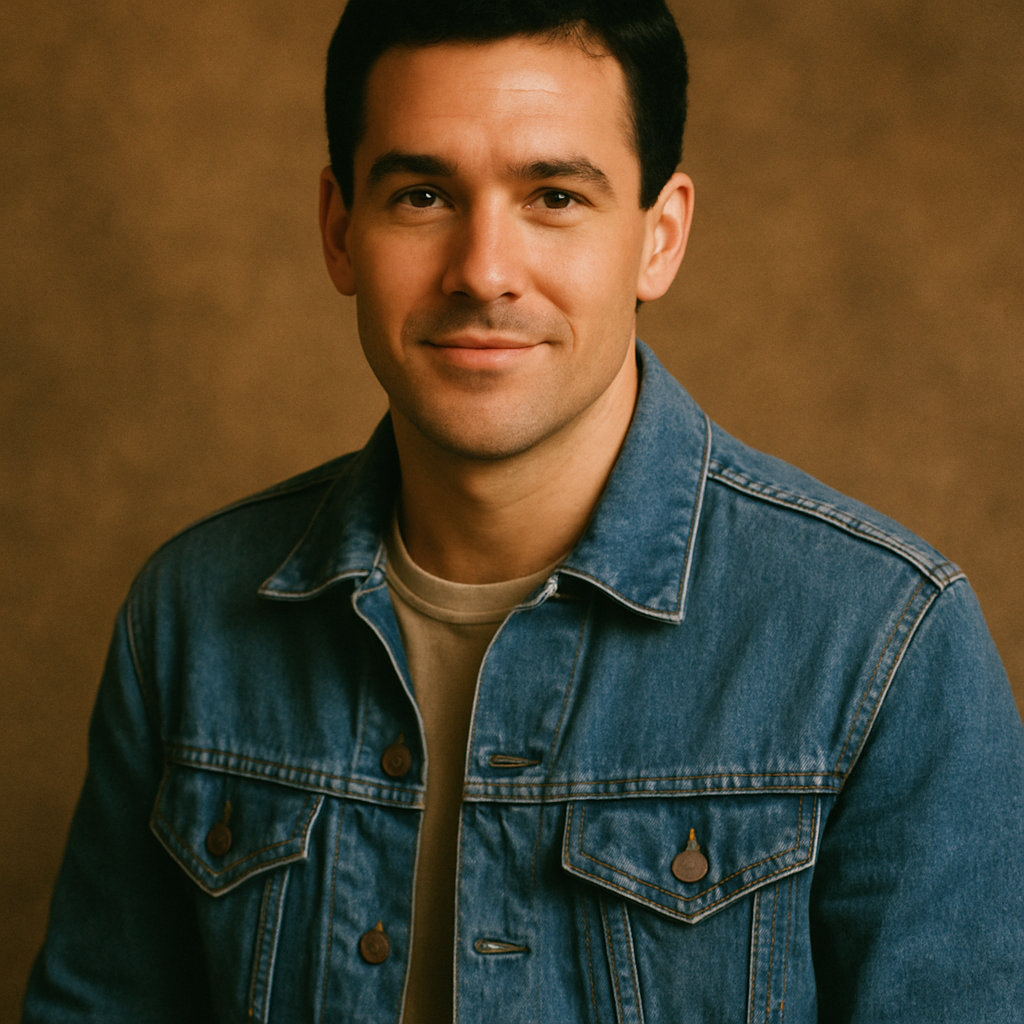 Portrait of a man with short black hair wearing a denim jacket