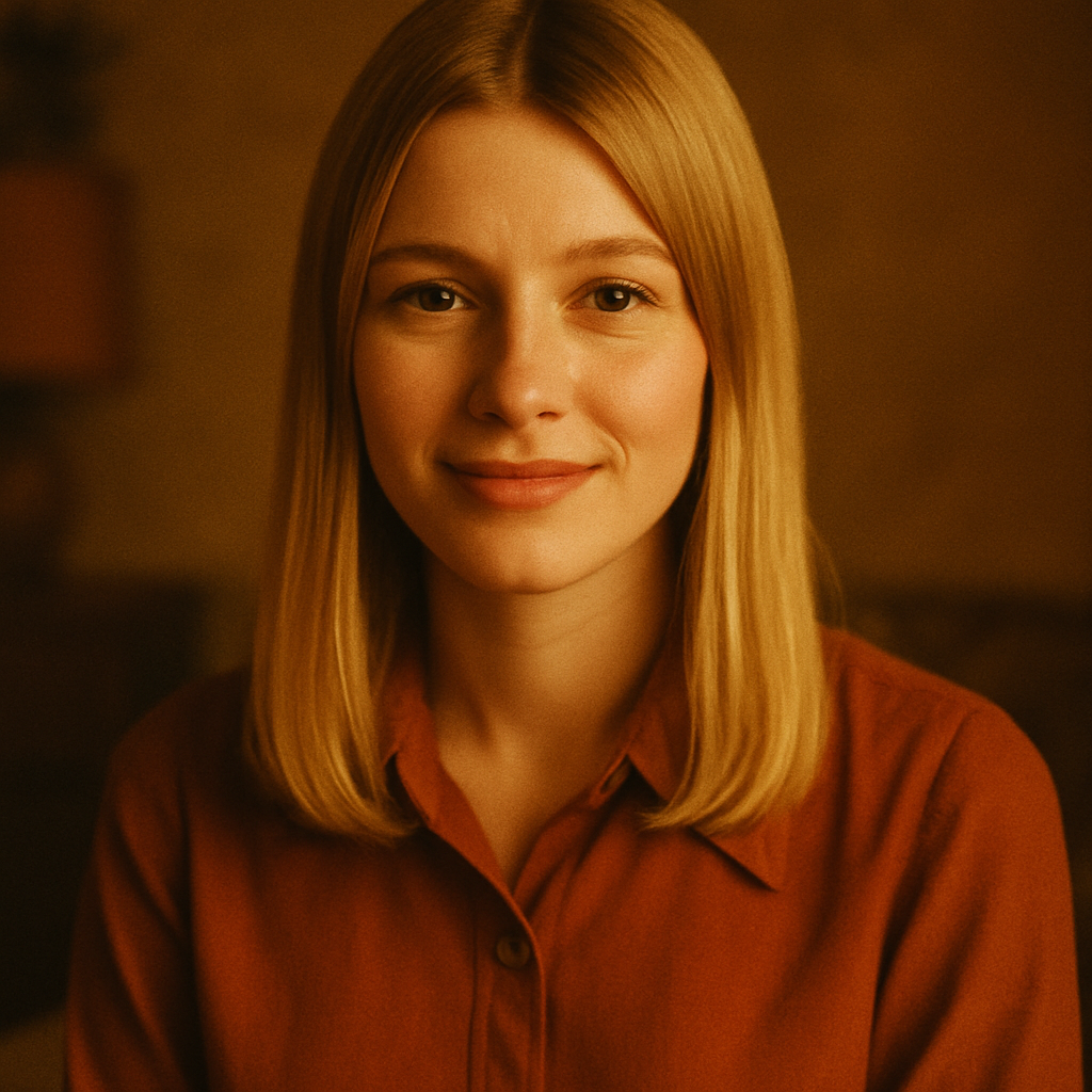 Portrait of a woman with straight blonde hair wearing a rust-colored blouse