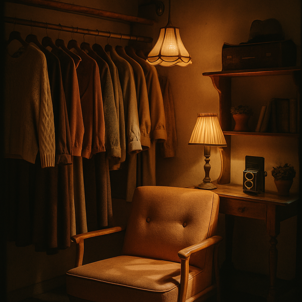 Cozy vintage shop corner with warm lighting