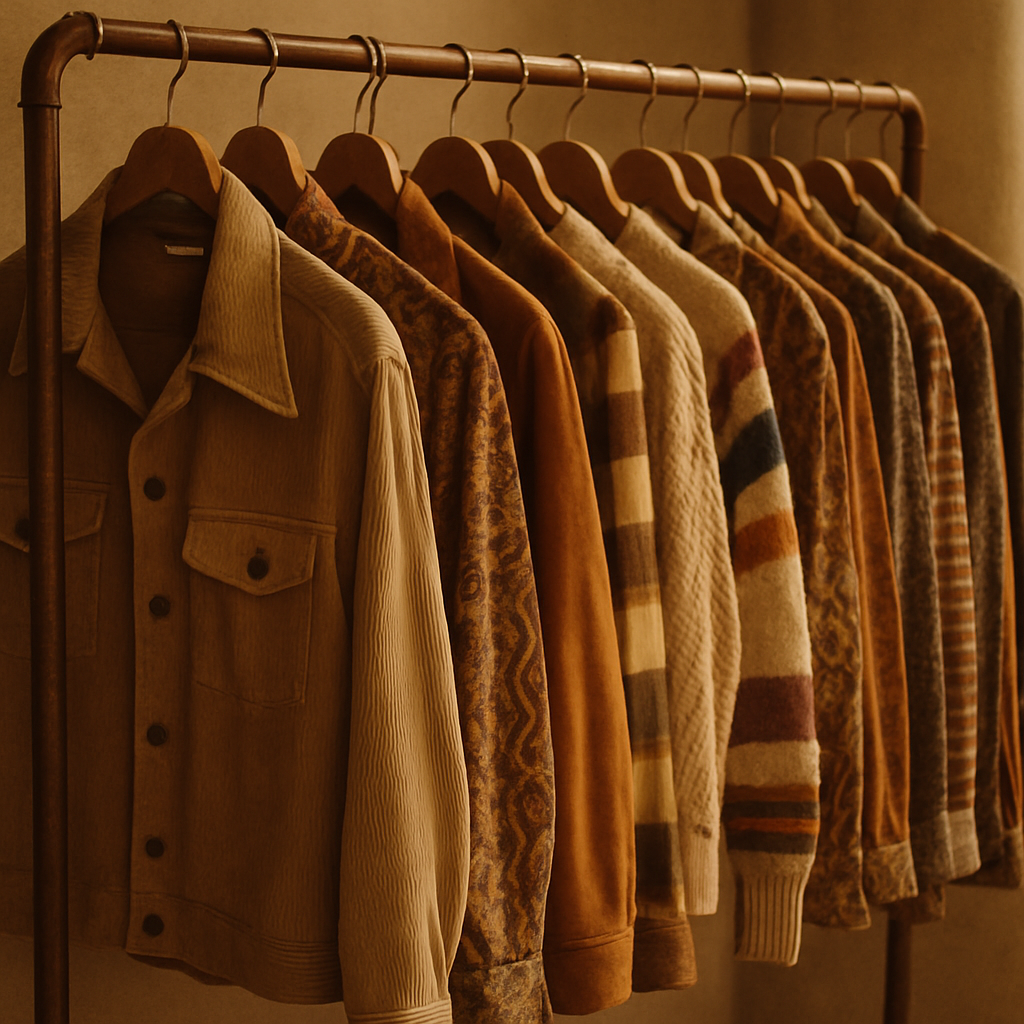 Warm film photo of a curated vintage clothing rack