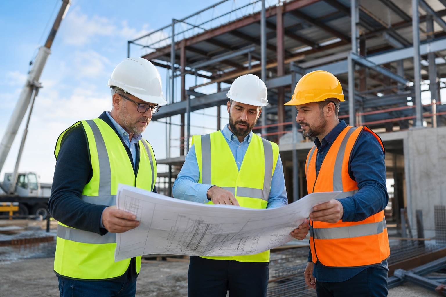 Professional construction crew reviewing blueprints on a modern job site