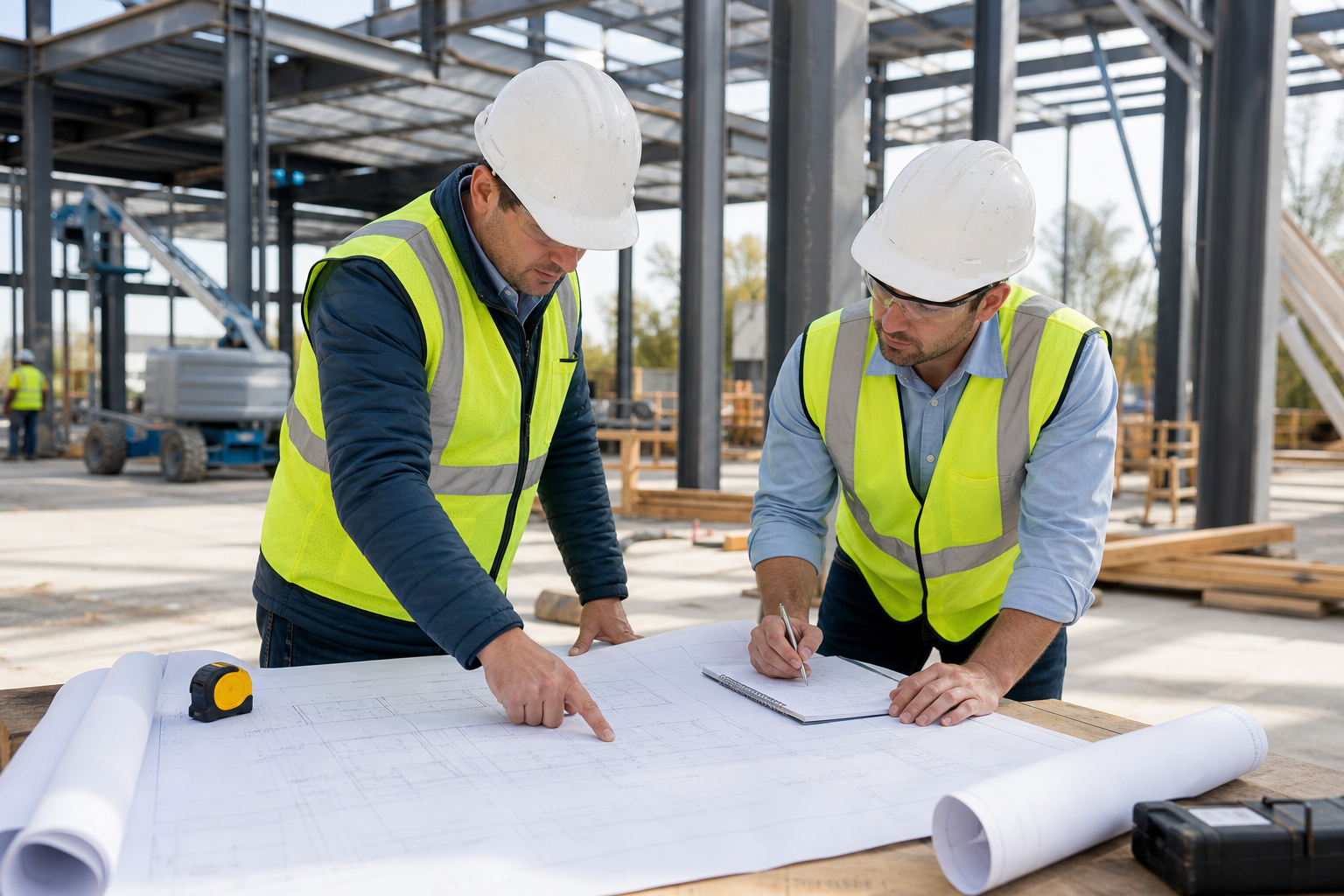 Two construction managers in high-visibility vests reviewing a set of blueprints on a jobsite table