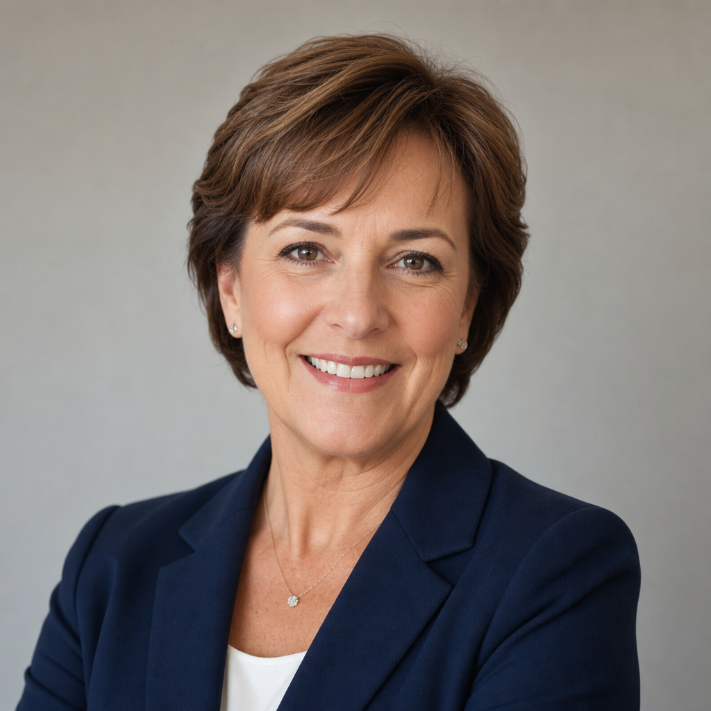 Portrait of a middle-aged woman with short brown hair wearing a navy blazer