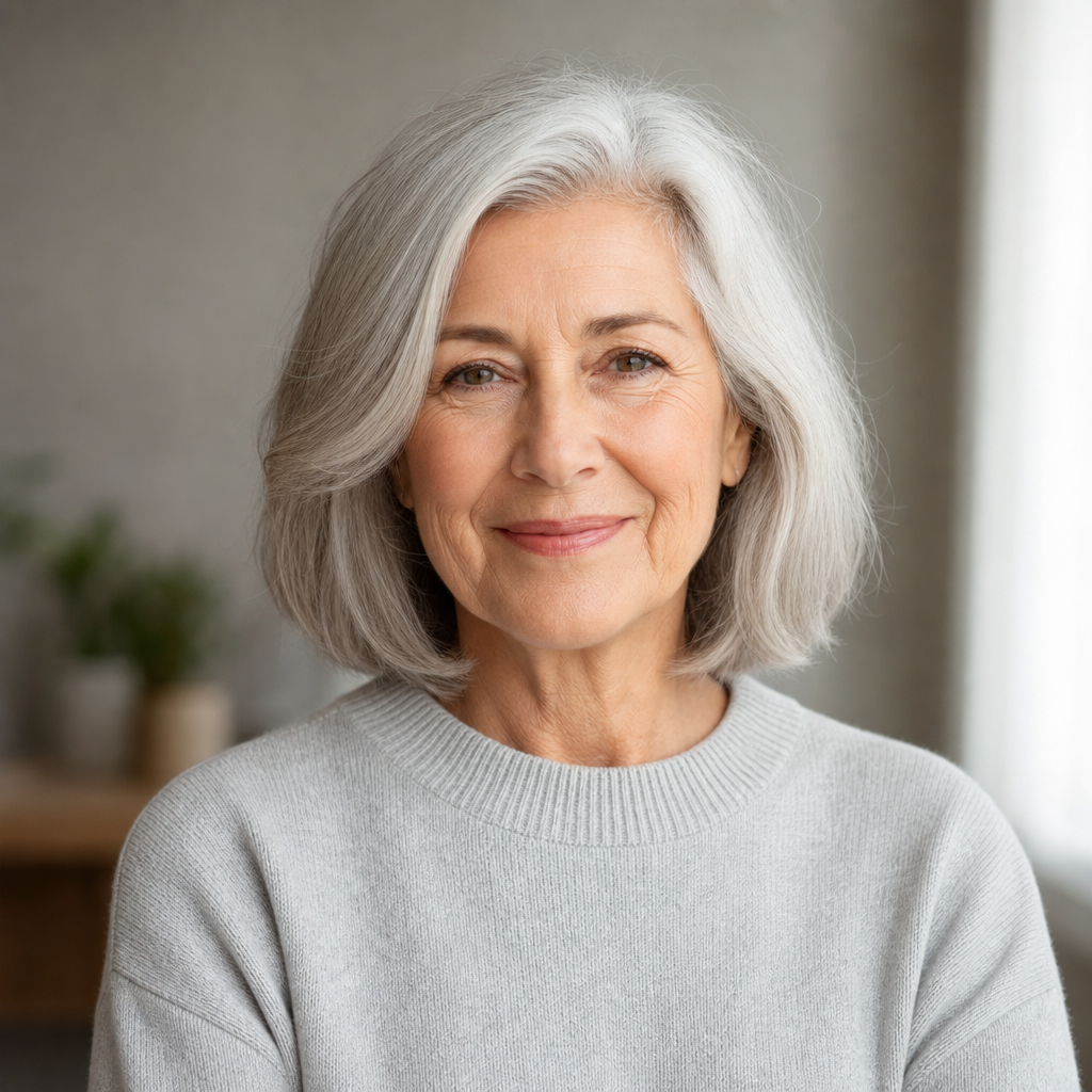 Portrait of a senior woman with silver hair and a light gray sweater