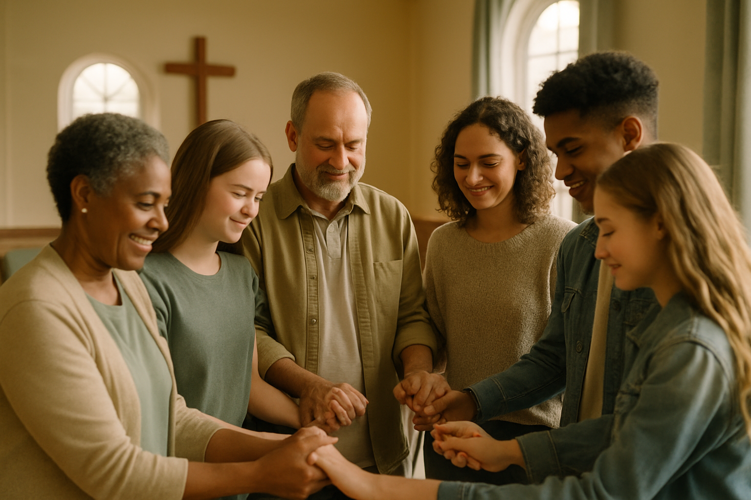 Community members praying together in a welcoming church setting