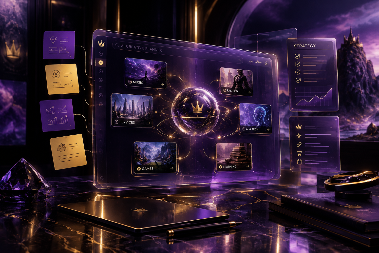 Cinematic concept artwork of a premium AI creative planner dashboard with violet interface cards, gold route lines, and floating strategy notes