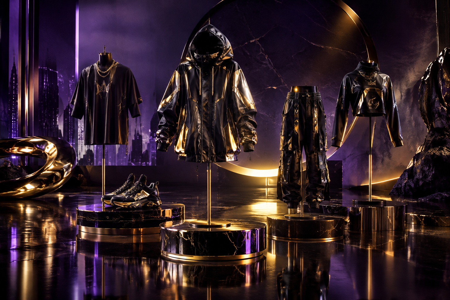 Premium fashion product visual featuring chrome-detailed streetwear pieces on sculptural stands with metallic gold highlights and dramatic shadows