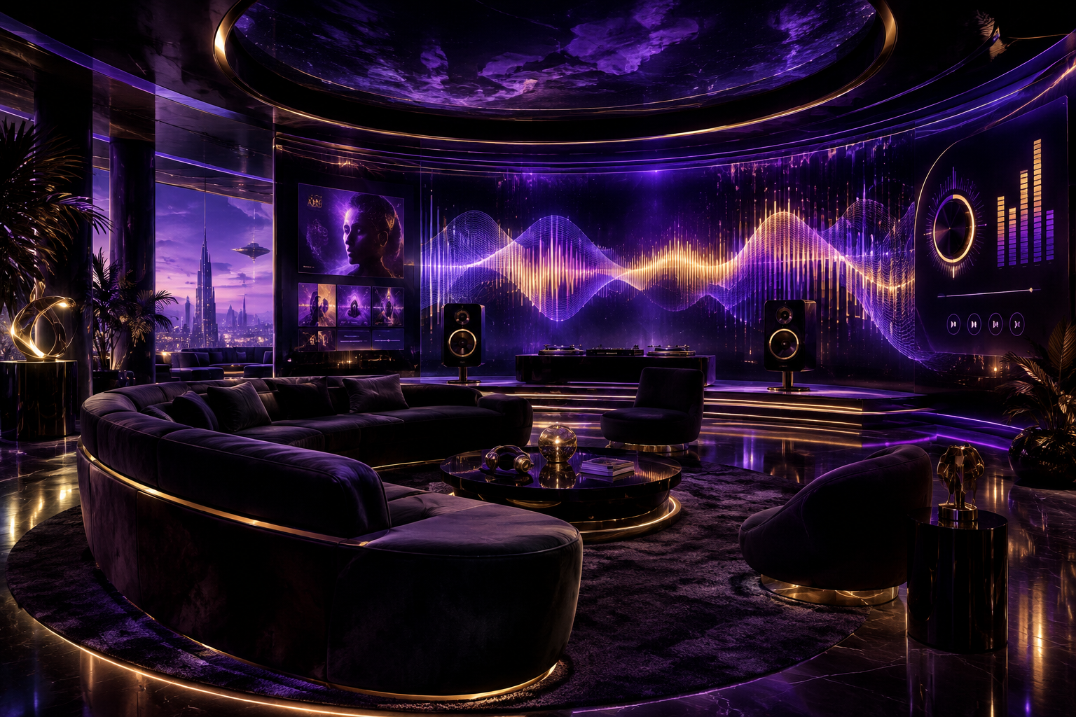 Atmospheric culture destination visual with a futuristic listening room, holographic waveform panels, and deep violet ambient lighting