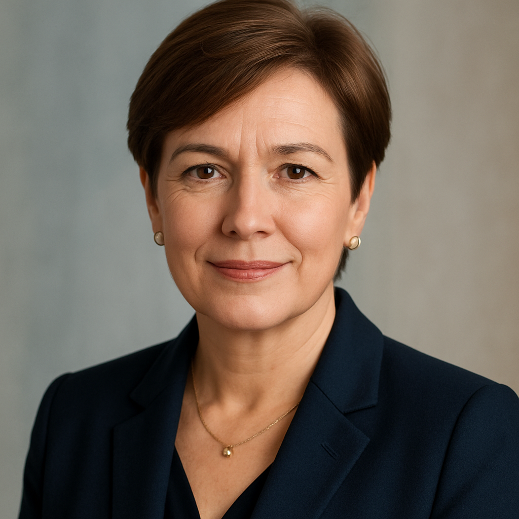 Portrait of a confident middle-aged woman with short chestnut hair and a navy blazer