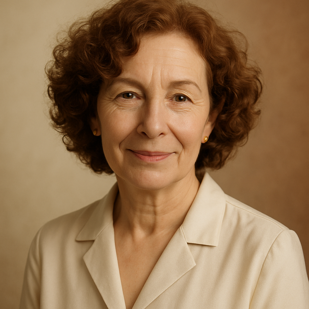 Portrait of a mature woman with curly auburn hair wearing a cream blouse