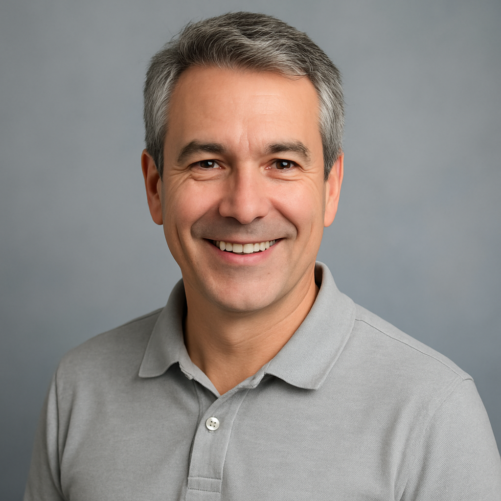 Portrait of a friendly middle-aged man with salt-and-pepper hair wearing a light gray polo