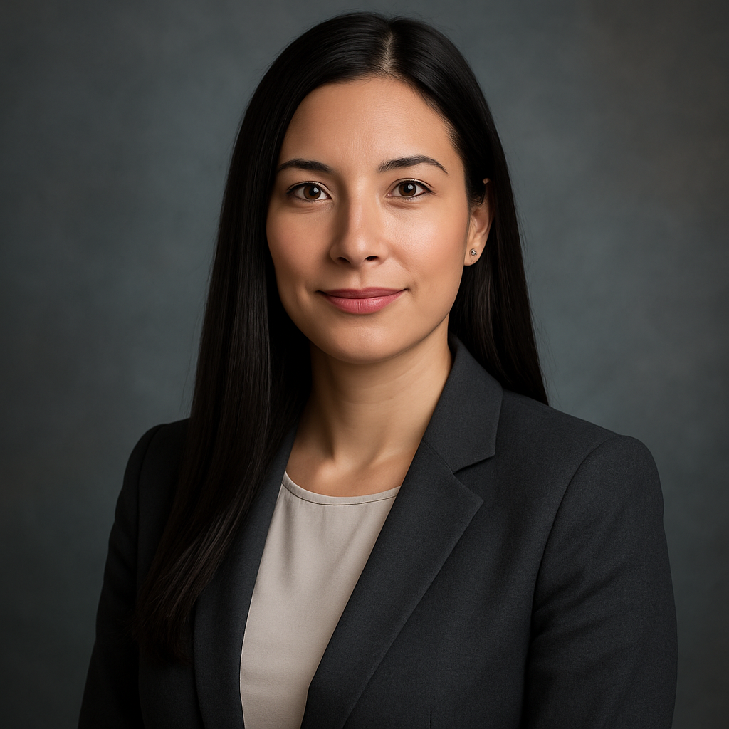 Portrait of a professional woman with long black hair wearing a charcoal blazer