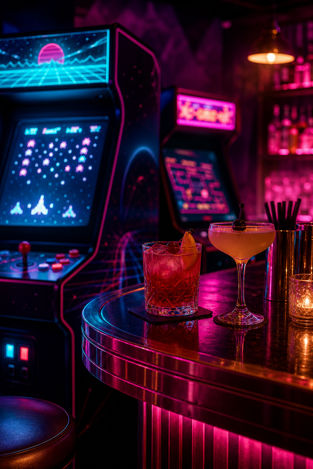 Close-up corner scene inside a neon arcade bar with glowing game cabinet details, cocktail glassware, and moody cyan-magenta lighting