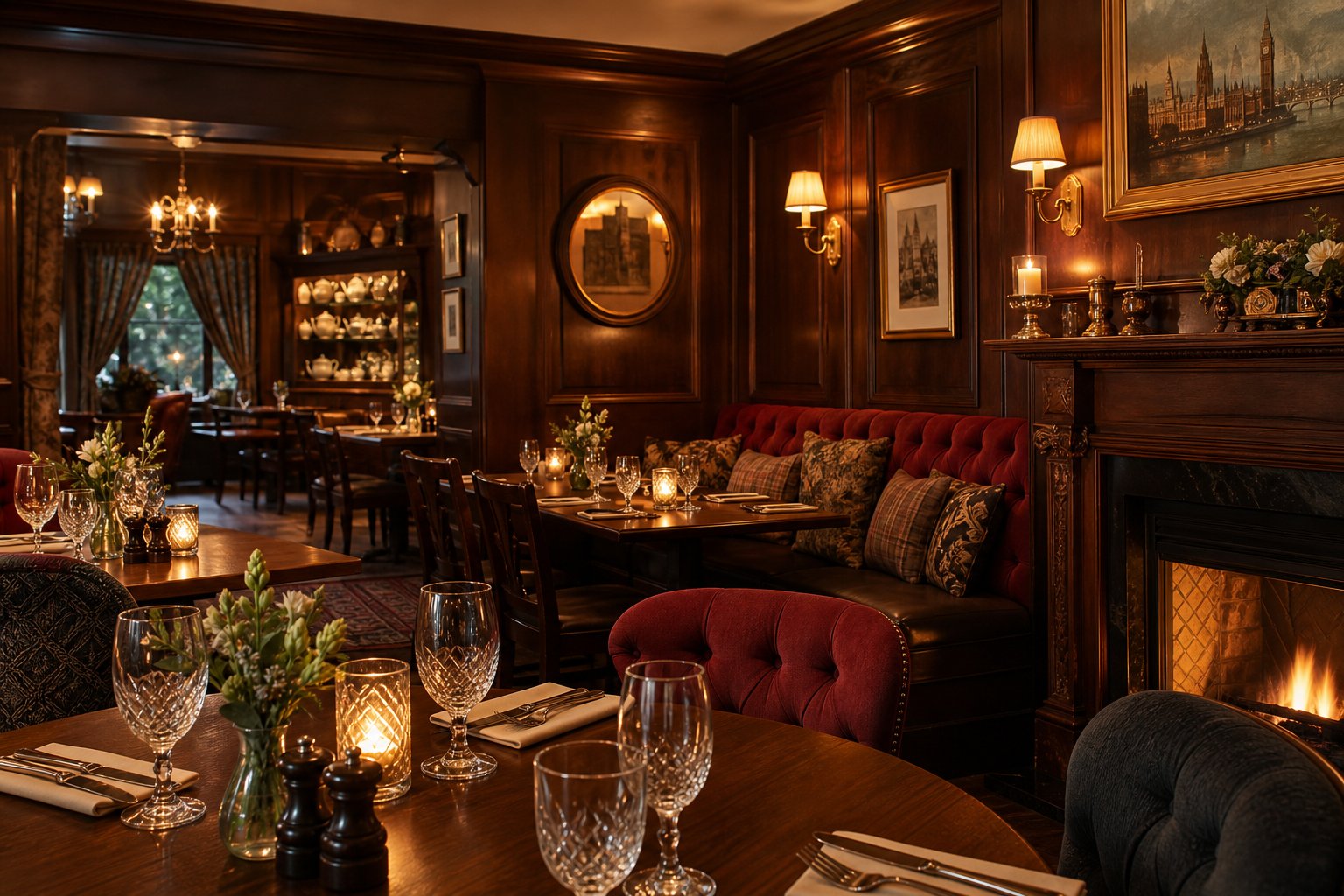 Warm British dining room with brass accents, candlelit tables, and cozy booths