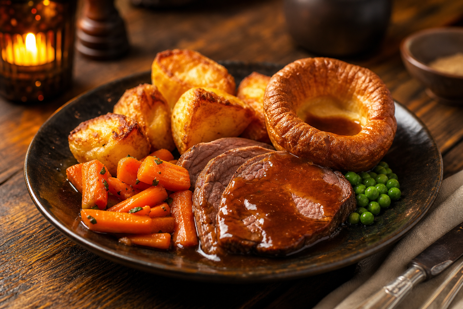 Hearty British roast platter with golden potatoes, carrots, peas, Yorkshire pudding, and rich gravy on a dark ceramic plate