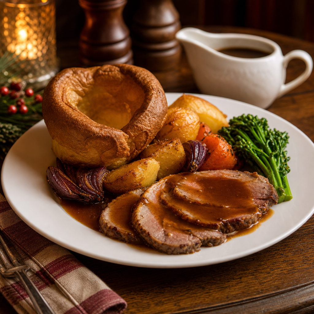 Plated British comfort meal with golden Yorkshire pudding, roasted vegetables, and rich gravy