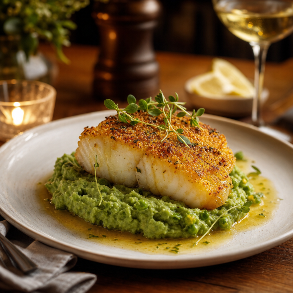Golden cornmeal-crusted cod plated over pale green pea mash with a glossy cider-butter drizzle and micro herbs