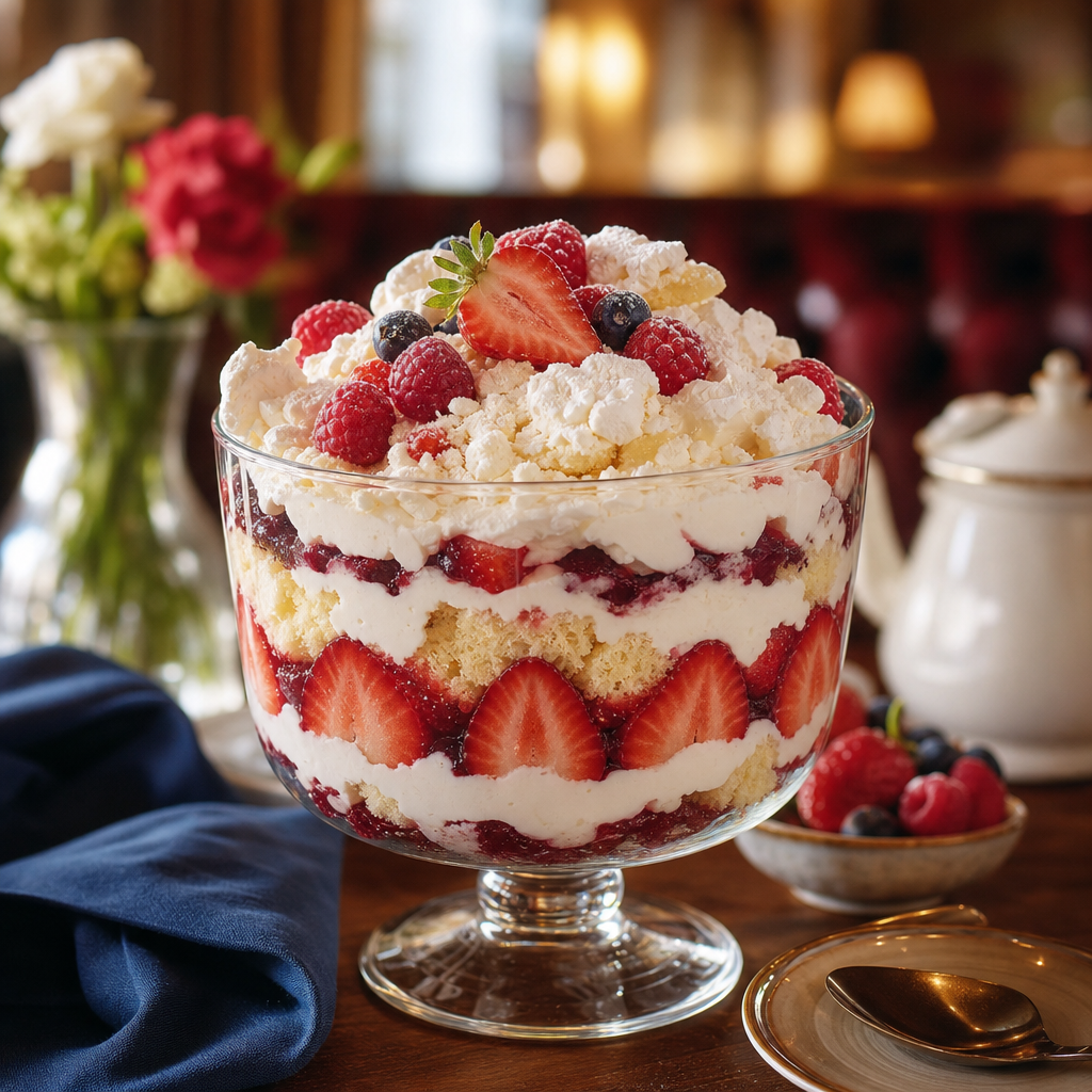 Elegant berry Eton trifle in a glass with layered sponge cake, whipped cream, and fresh strawberries