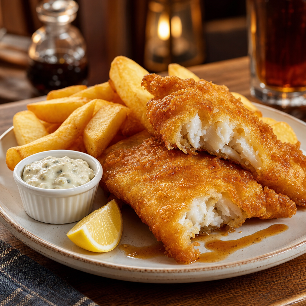 Golden cod fish and chips with malt vinegar and tartar sauce