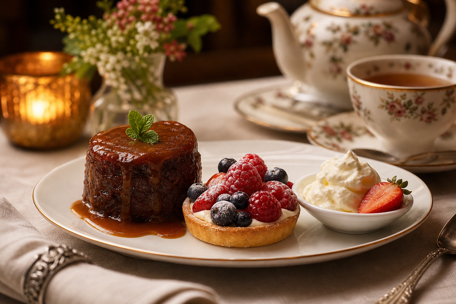 Elegant British dessert trio with sticky toffee pudding, fresh berries, and a dollop of cream on a linen table