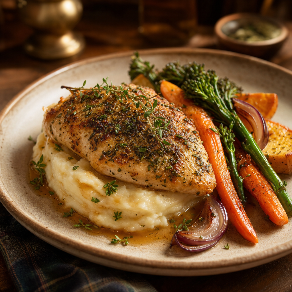 Chef's seasonal British entrée with herb garnish on a warm stoneware plate