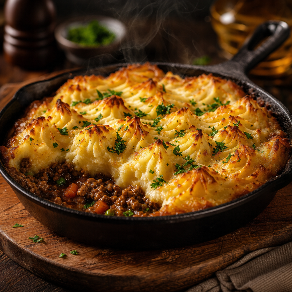 Rustic shepherd's pie in a cast-iron dish with mashed potato topping