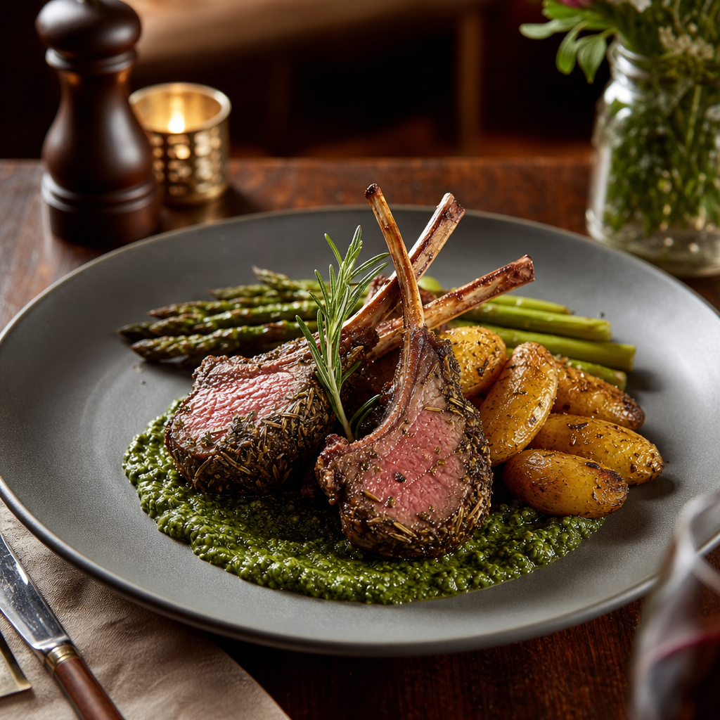 Rosemary-crusted lamb chops with mint pesto, roasted fingerling potatoes, and asparagus