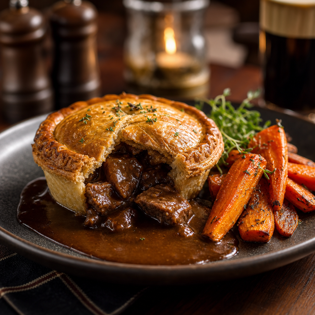 Hearty steak and ale pie with a flaky golden crust, served with glossy gravy and roasted carrots