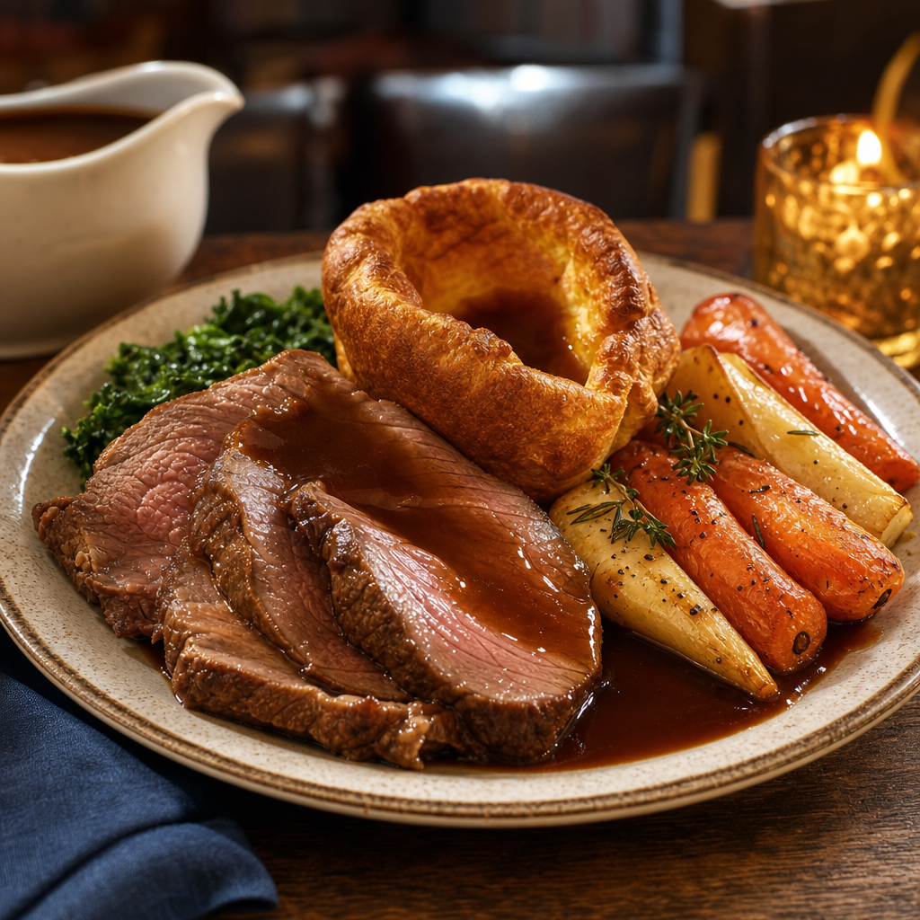 Sliced beef Sunday roast with roasted vegetables and Yorkshire pudding