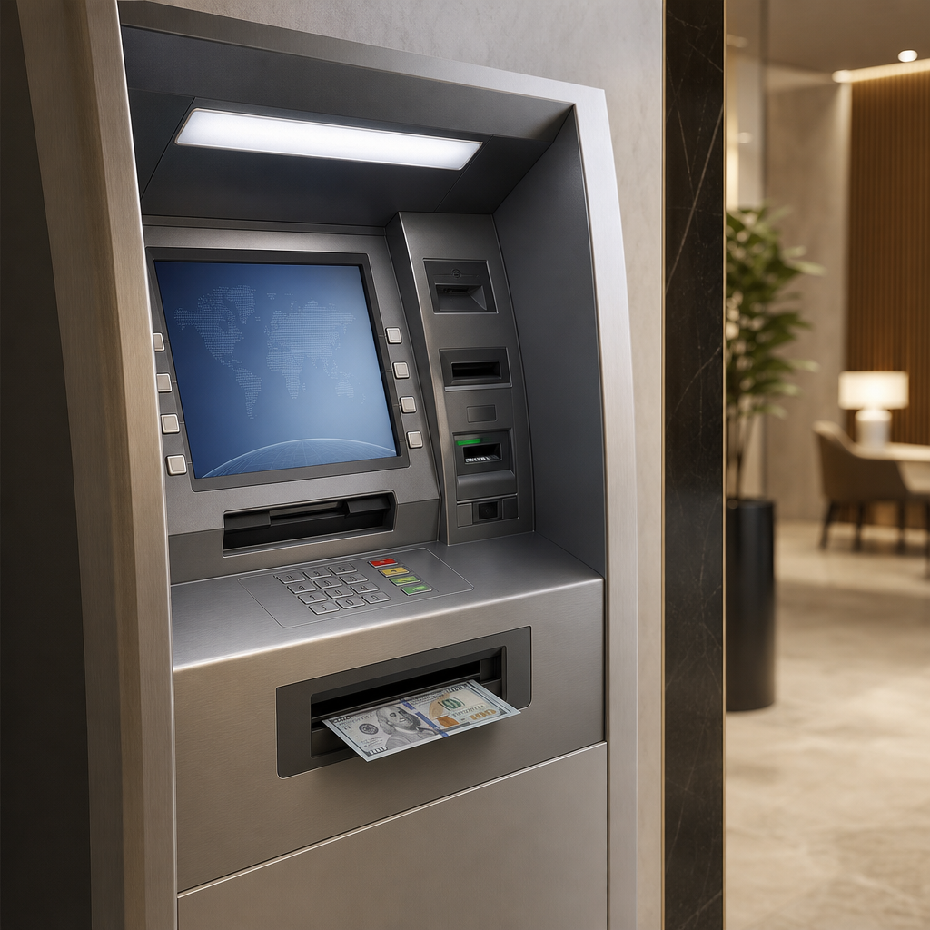 Premium ATM machine displaying cash inside a polished banking environment