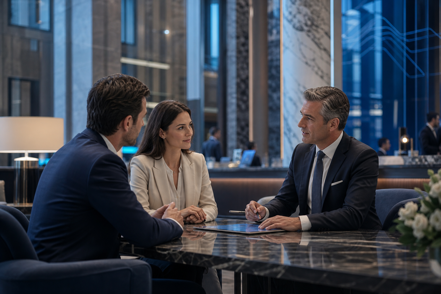Main customer story video still showing two clients and a banker in an elegant banking hall with soft blue accents