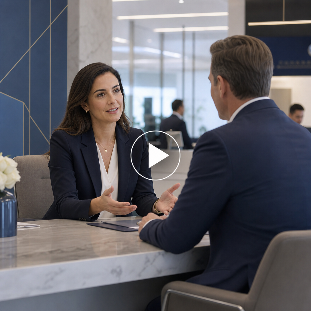 Short video preview of a poised business owner speaking with a relationship manager in a marble banking hall