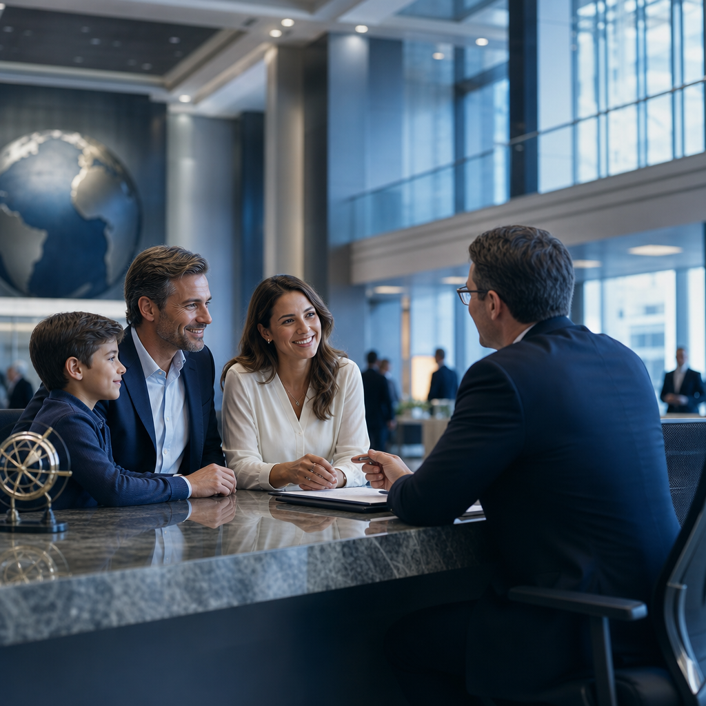 Customer story video preview showing an international family meeting a banker inside a refined banking hall