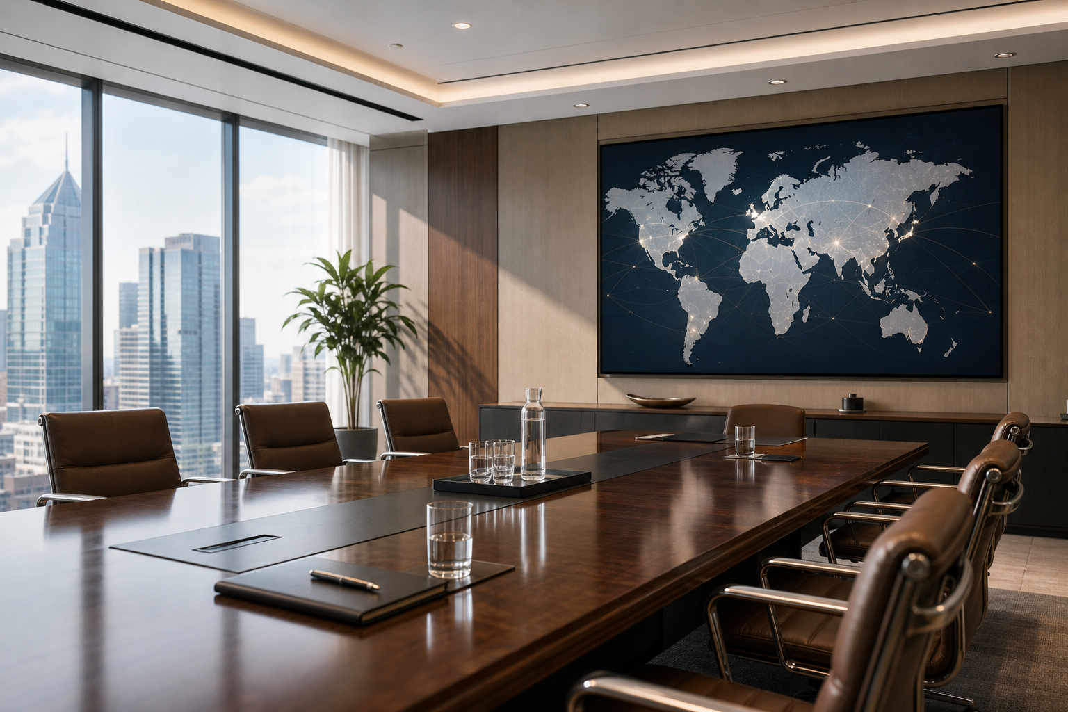 Refined executive meeting room with a world map display and soft daylight, evoking global finance and trust
