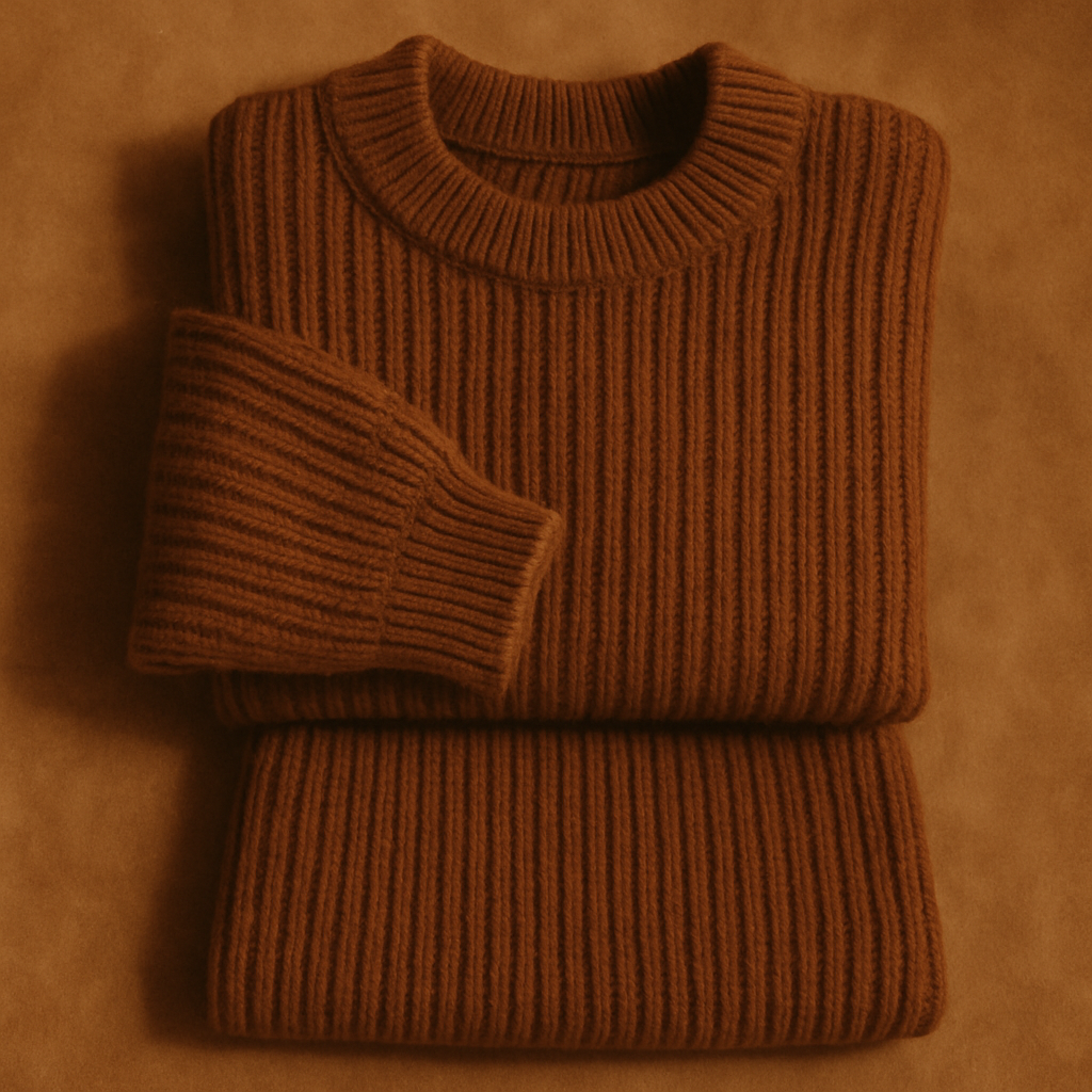 Two-piece vintage knitwear set in warm cocoa brown folded with a soft texture