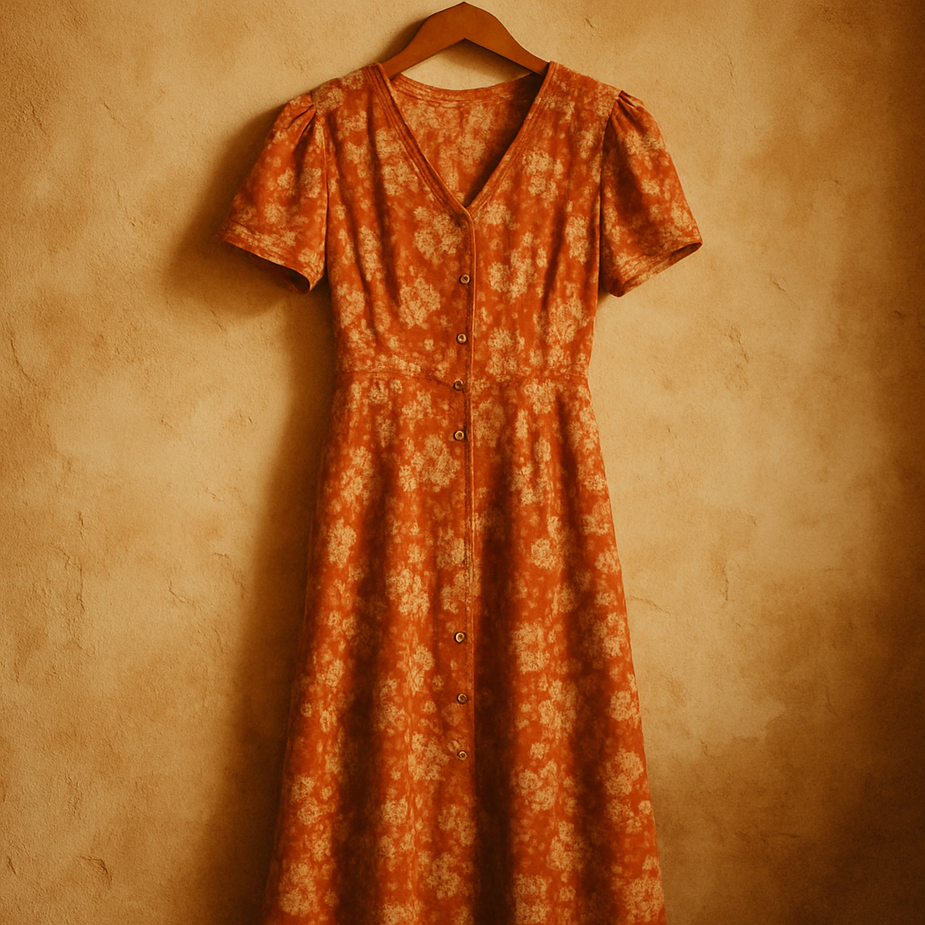 Vintage floral midi dress in burnt orange and cream hanging against a textured wall