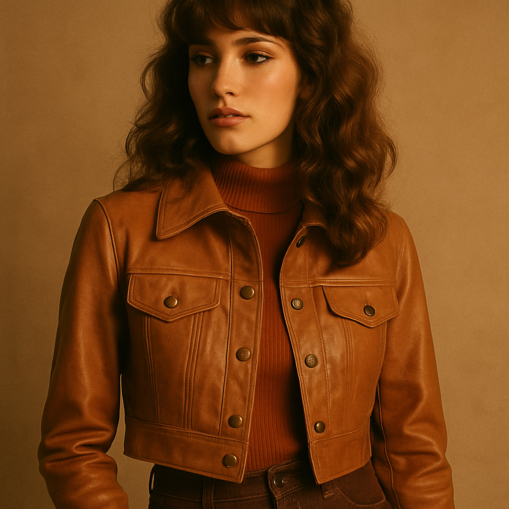 Model wearing a cropped caramel leather vintage jacket with brass buttons, warm film lighting