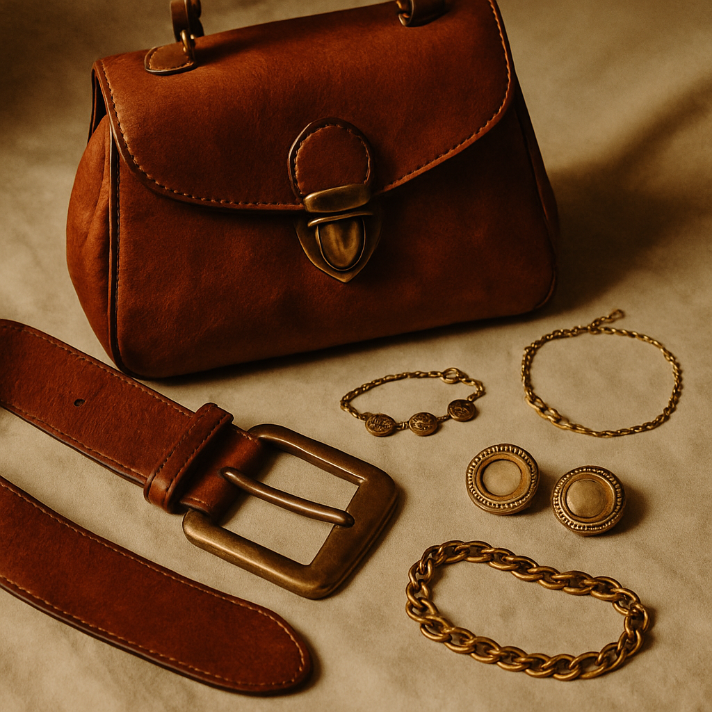 Assorted vintage accessories including a brown leather bag, brass belt buckle, and gold-tone jewelry