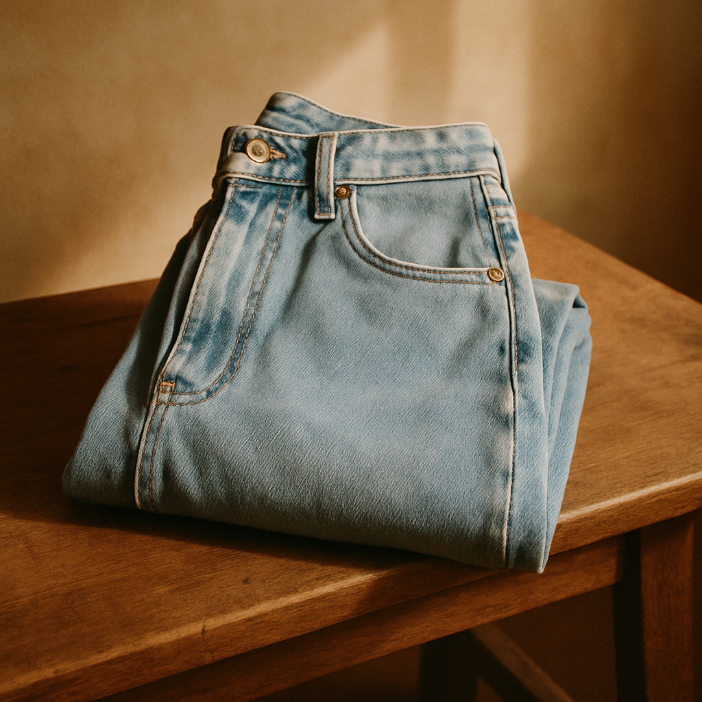 Folded high-rise vintage denim jeans in a light stone wash on a wooden bench